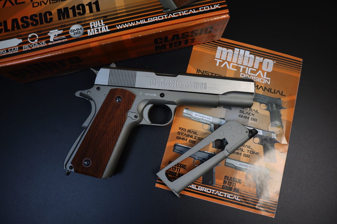 KWC MILBRO 1911银CO2枪-木柄握把全金属CO2手枪-经典1911小钢瓶短手枪图2